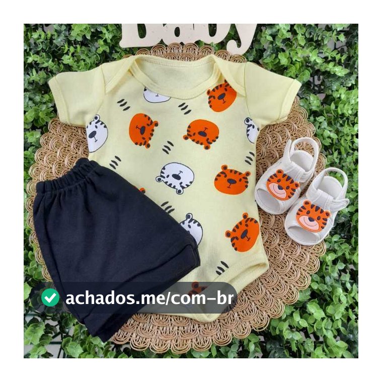 Conjunto Sandalia Com Body E Short Bebe Menino Mêsversario Estampado Verão 100% Suedine