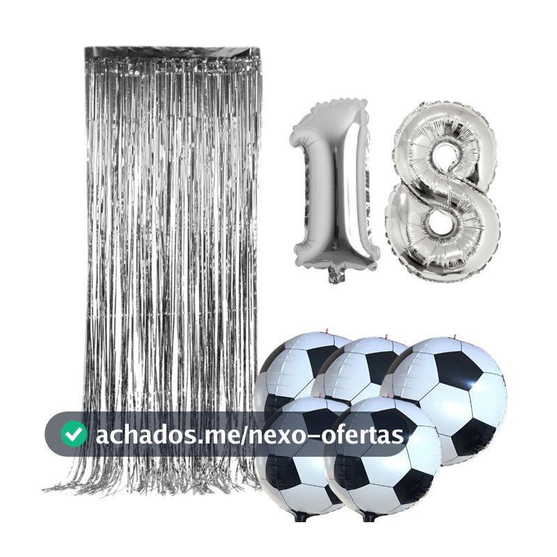 Kit 2 Números 40 cm + 5 Balão metalizado de Bola de futebol de 22" + 1 Cortina Prata 2x1m