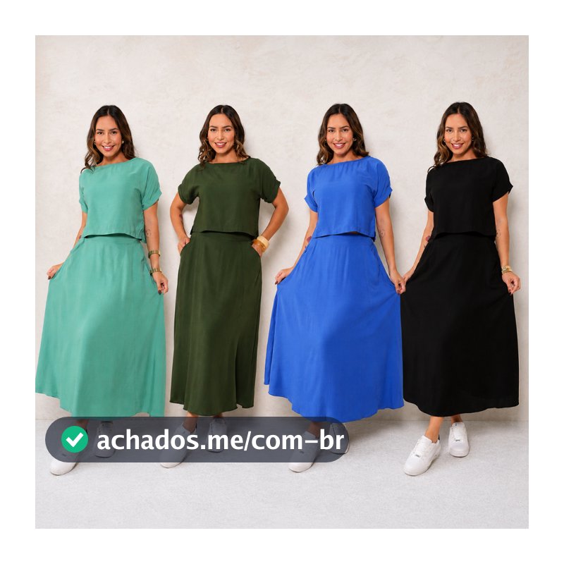 Conjunto Midi Feminino Elegante Saia com Bolsos e Blusa Soltinha Viscolinho Moda Casual
