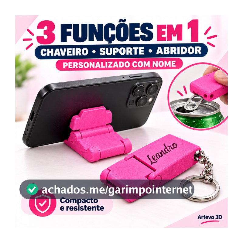 Chaveiro 2 em 1 Suporte de Celular Abridor de Latas Personalizado com Nome | Ideal para Brindes