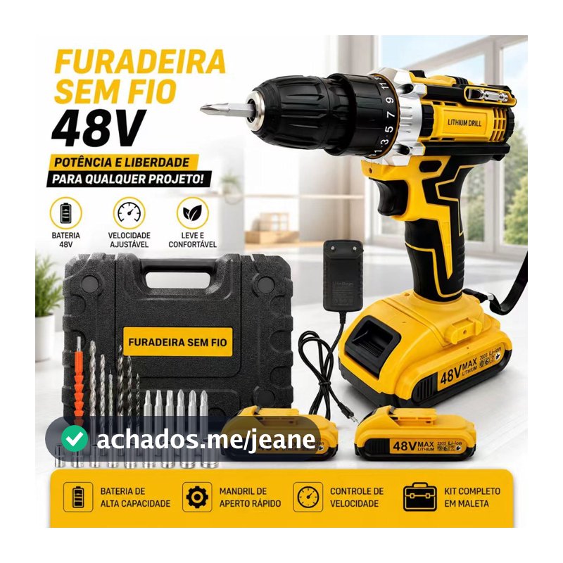 Parafusadeira Furadeira 48V Sem Fio com 2 OU 1 Bateria, Acessórios Completos e Maleta de Transporte OU caixa de papelão