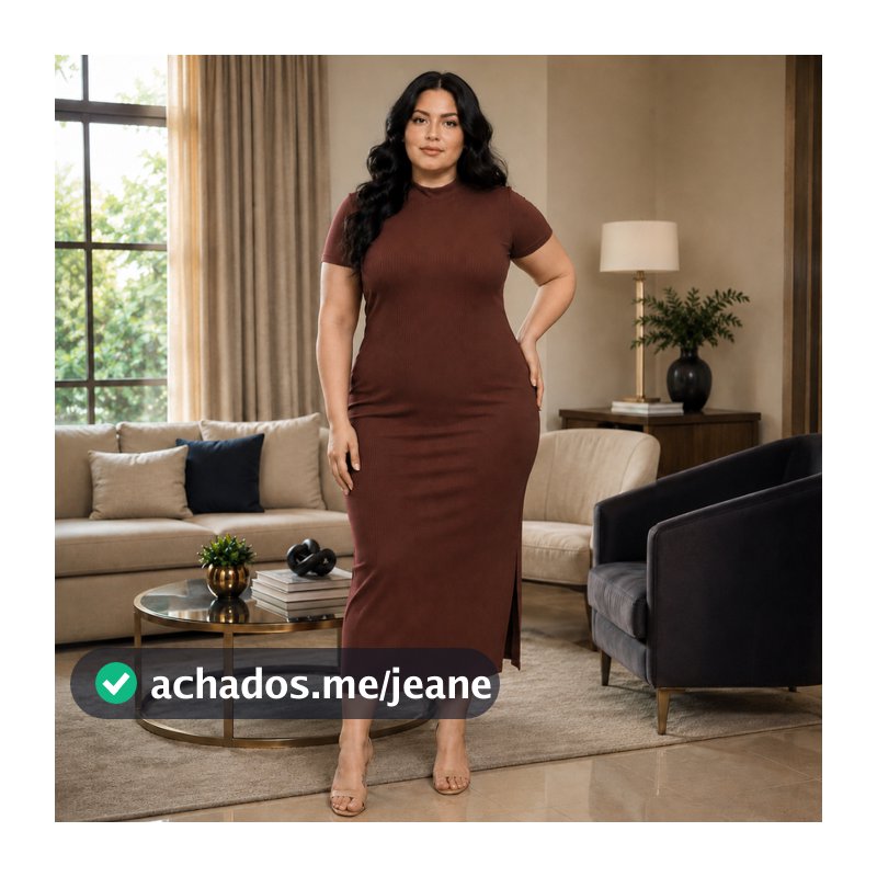 Vestido Plus Size Midi Canelado Manga Curta Feminino