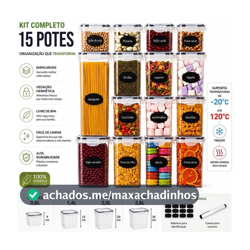 Kit 15 Potes Hermético Cadencia Mantimentos Quadrado Freezer Micro-ondas 22,4L Com Adesivos e Canetinha