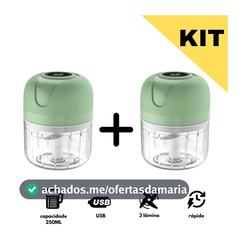 KIT 2 Mini Processador Elétrico Moedor Carne Vegetais Alho Fruta Amendoim Recarregável USB 250ml