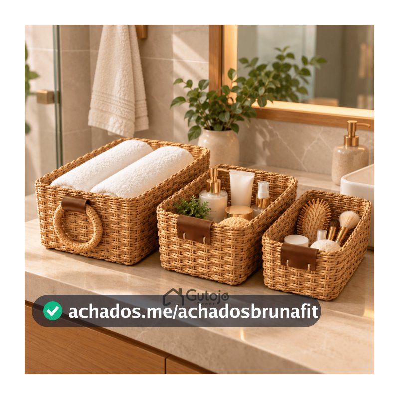 kit 3 Cesto Organizador Artesanal De Palha Para Casa Banheiro Cozinha Boho Natural decoração Retro
