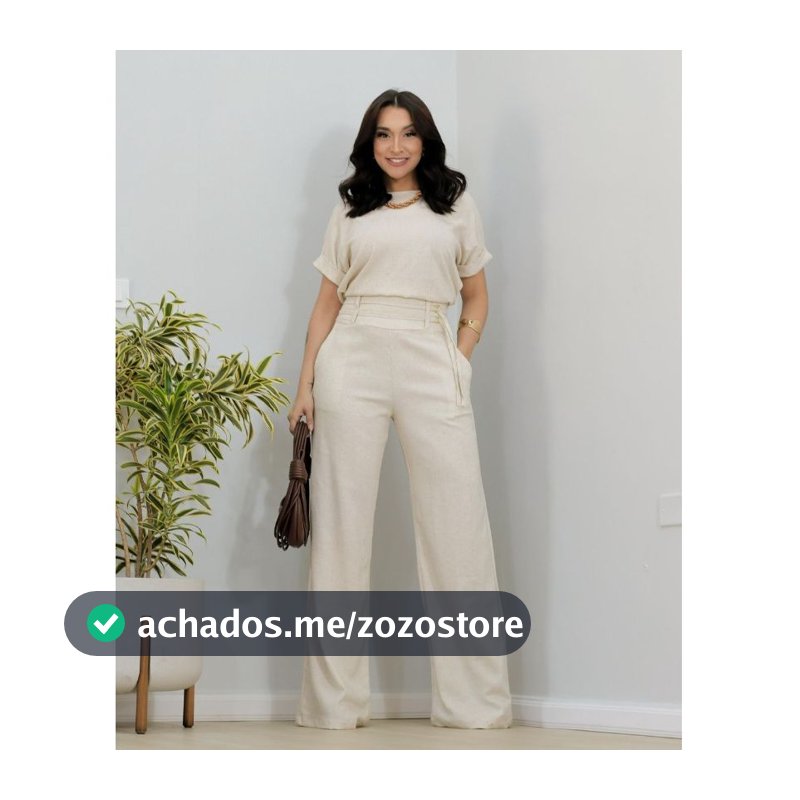 Conjunto Feminino de Linho Elegante – Blusa Minimalista + Calça Pantalona Cintura Alta com Cinto