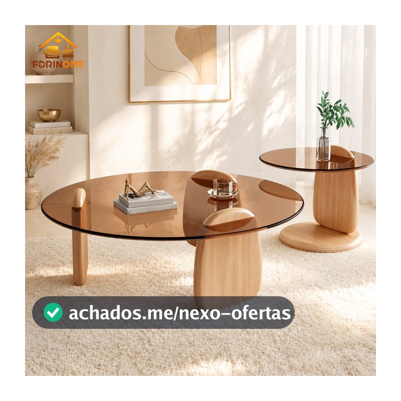 Kit 2 Mesas de Centro Orgânicas Vidro Fumê Base Madeira para Sala
