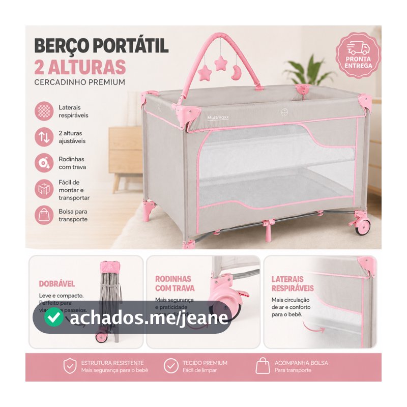 Berço Portátil Infantil 2 Alturas Cercadinho Bebê com Rodinhas e Mobile Chiqueirinho Menina Rosa