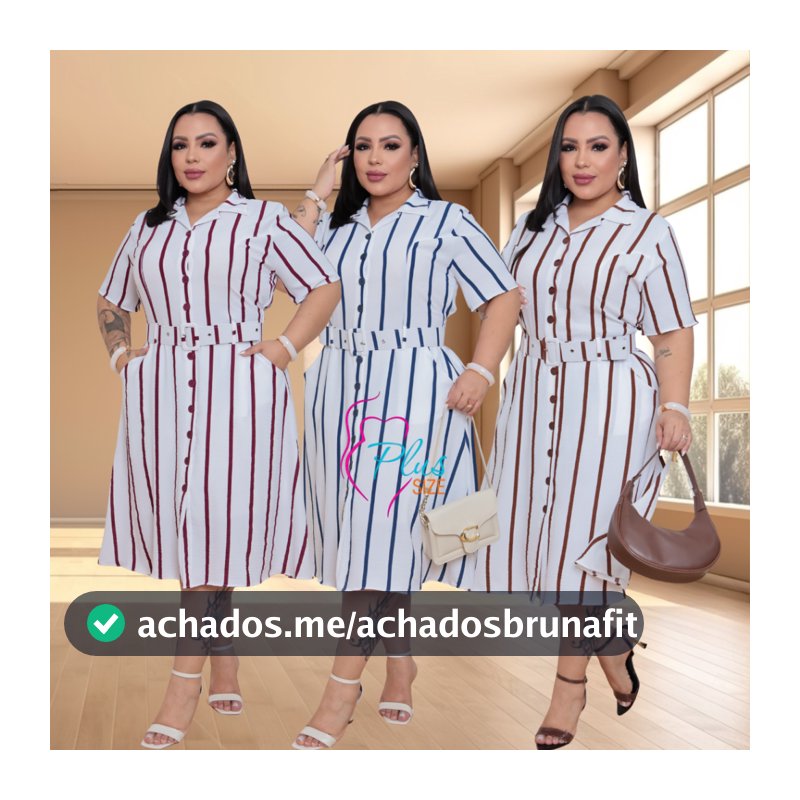 Vestido Midi Chemise Feminino Plus Size LISTRADO  Com Cinto Elástico nas Costas Tecido Duna