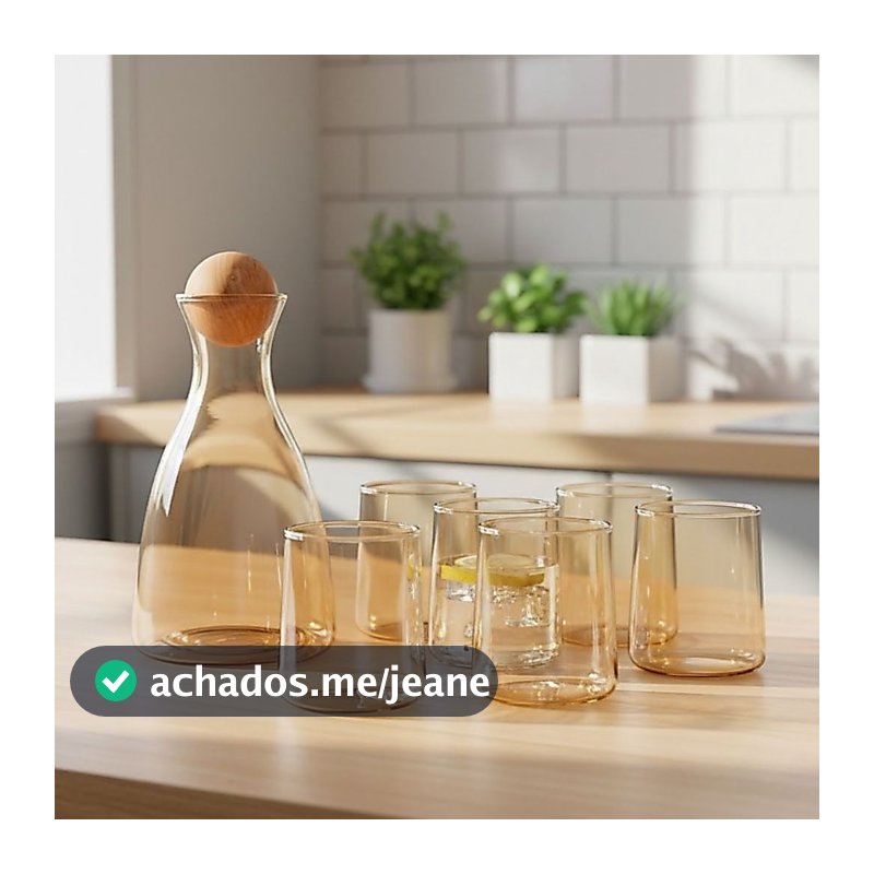 Jarra de Agua e Suco Vidro com Tampa de Bambu 1,7 Litros Kit 6 Copos de Vidro 280ml Luxo Mesa Posta