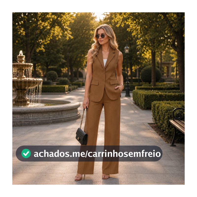 Conjunto Feminino Alfaiataria Risca de Giz com Colete Alongado Forrado e Calça Pantalona Elegante Social Casual REF 33
