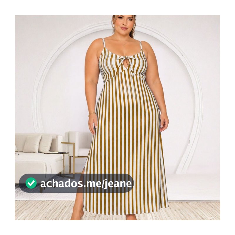 Vestido Longo Feminino Plus Size Listrado com Fenda Lateral Bojo e Elastex nas Costas Alça Regulável
