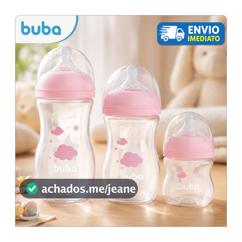Buba Kit 3 Mamadeiras Anticólica Easy Flow nuvem rosa 120ml, 270ml e 330ml – Ideal para Todas as Fases do Bebê.