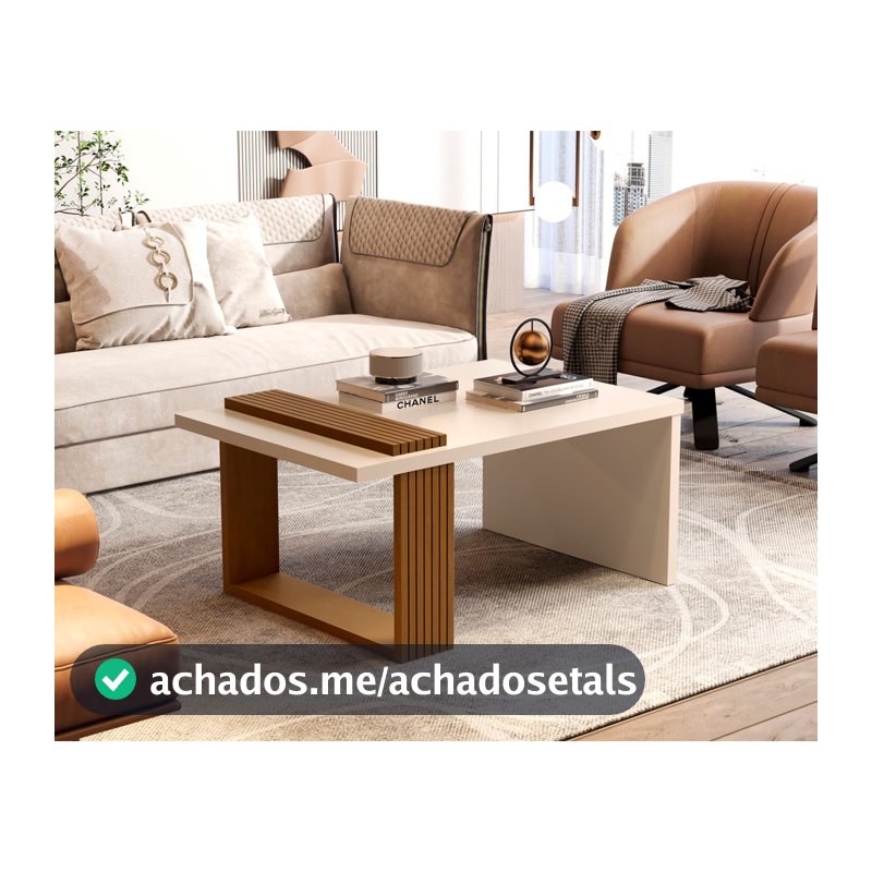 Mesa de Centro Retangular para Sala com Pés Ripados Apoio Lateral Decoração Moderna