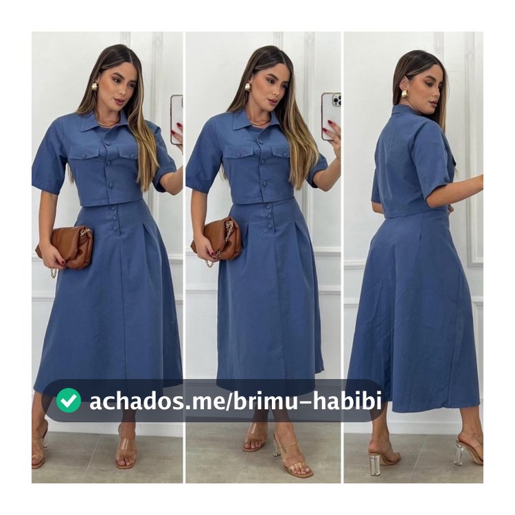 Conjunto Saia Midi Rodada Longa e Blusa Linho com Botões Moda evangélica