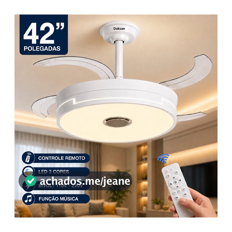 Ventilador de Teto Retrátil LED 108CM Branco com Controle Remoto 3 Cores Função Música 110V/220V