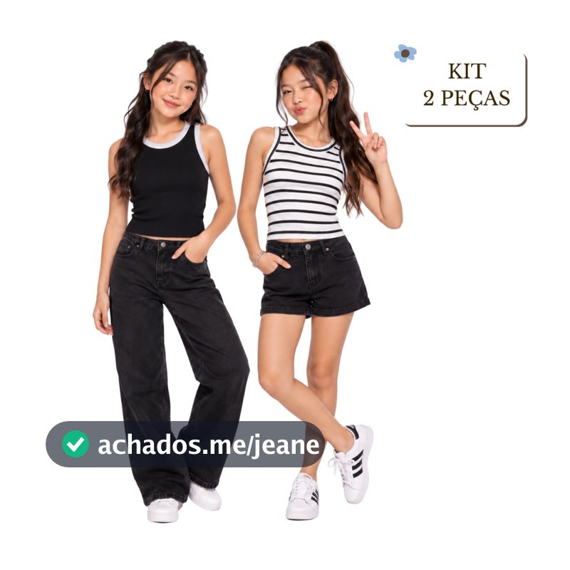 Kit 2 Peças Regata Cropped Juvenil Menina Blusa Feminina Canelada Básica Verão