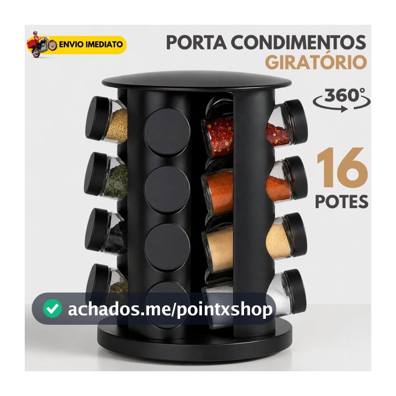 Porta Tempero Giratório 16 Potes de Vidro Preto 360 Graus com Tampa Dosadora Organização Cozinha Condimentos