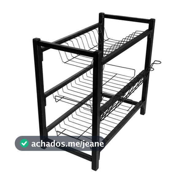 Escorredor De Louça Grande Triplo 3 Andares Preto Fosco 11 Pratos porta Copos/Talher
