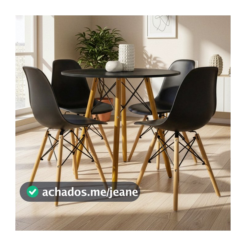 Mesa Eiffel Redonda 70 Cm MDF + 4 Cadeira Eames Eiffel Preto