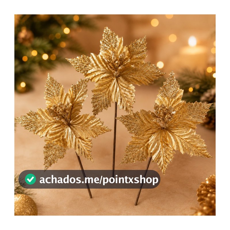 Kit 3 Flores de Natal Premium com Glitter Enfeite para Árvore Guirlanda Arranjo Decoração Natalina