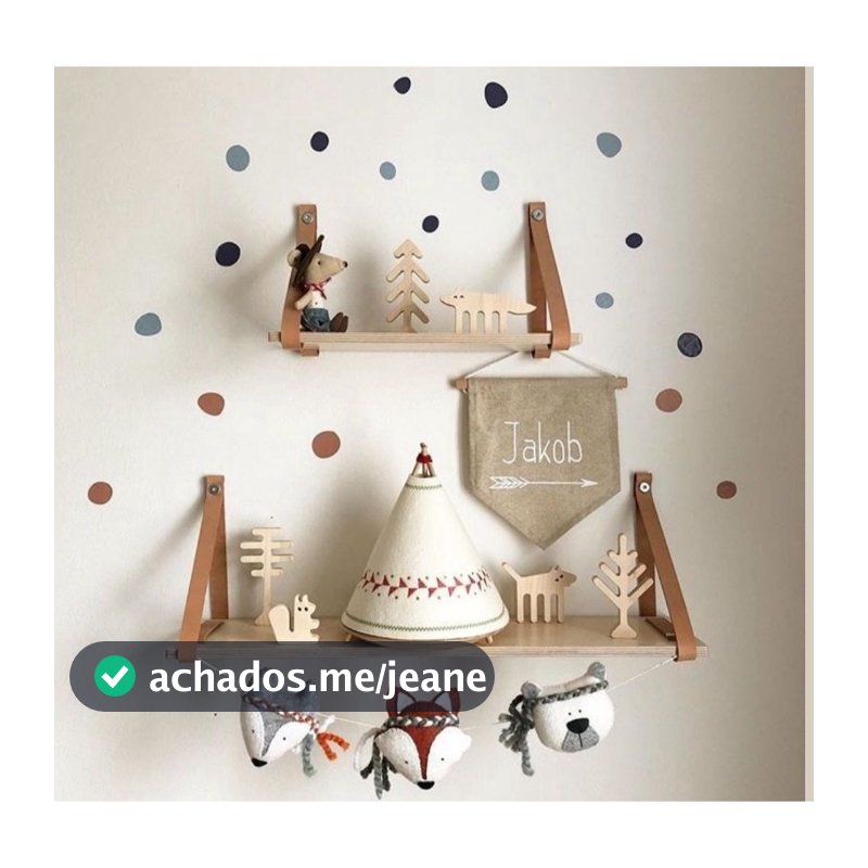 Kit 2 Prateleiras Infantil Montessori Pinus 40cm + 60cm com Alça de Couro Decoração Quarto Bebê
