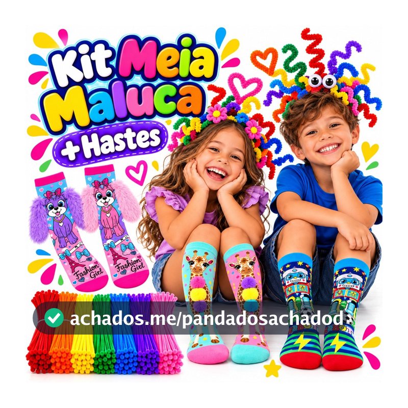 Kit Cabelo Maluco Infantil + Meia Maluca Haste Chenille Colorida Escola Festa Temática