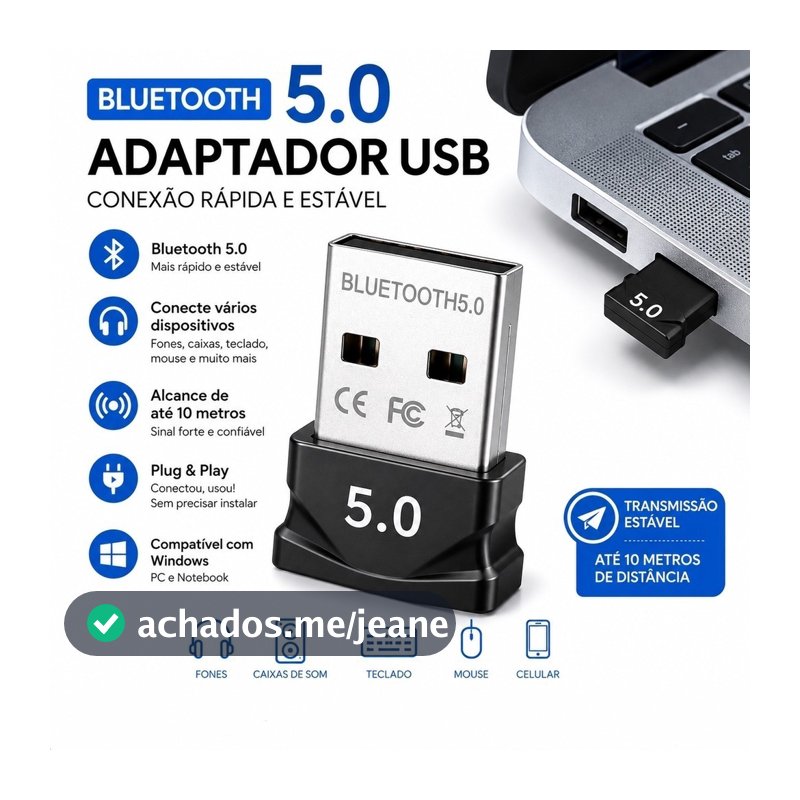 Adaptador Bluetooth 5.0 USB Transmissor Áudio Sem Fio para Notebook e Carros