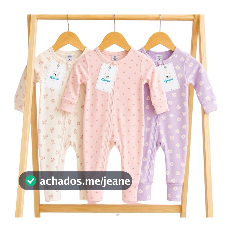 Kit 3 Macacões Bebê Infantil 100% Algodão para Menina Macacão com Zíper Vira Pé