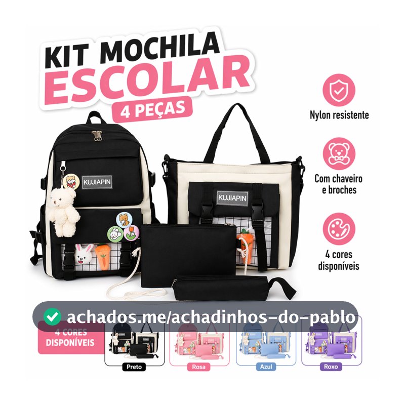 Kit 4 Mochila Feminino Bolsa Necessaire Estojo Volta Às Aulas