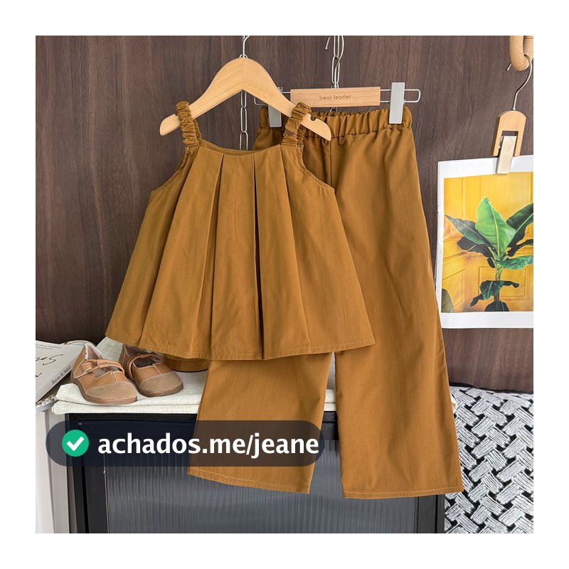 Urso Líder Verão Novo 3 A 7 Anos Meninas Roupas Versão Coreana Cor Sólida Plissado Camiseta E Calças 2 Peças Conjunto Si