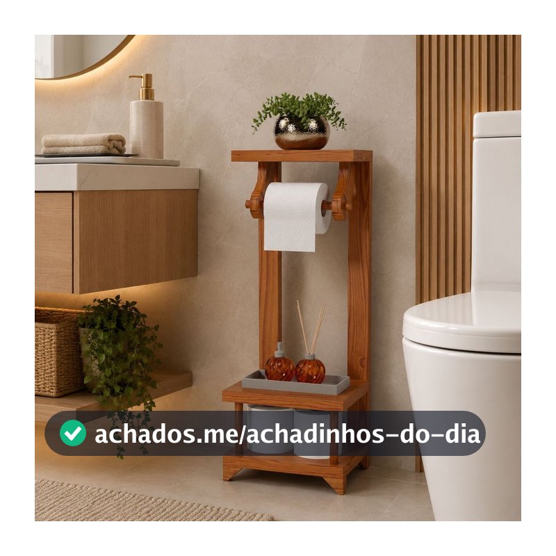 Suporte Porta Papel Higiênico de Chão com Organizador em Madeira