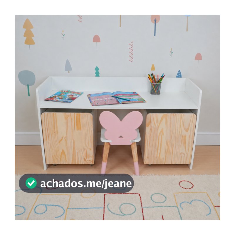 Escrivaninha Infantil Bancada Organizadora Grande Madeira Borboletinha Faz de Conta Kit Livro