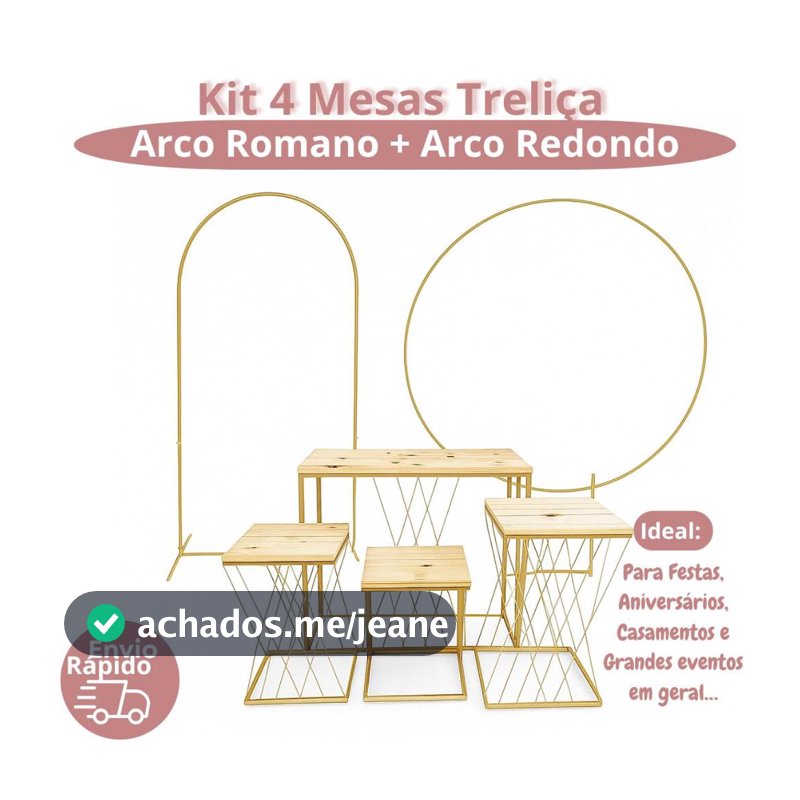 Kit Completo 4 Mesas Treliça + Painel Arco Romano Redondo Desmontável Festas Decoração