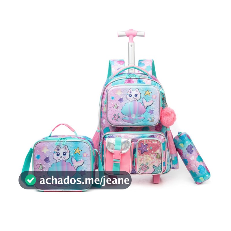 Kit Mochila Lancheira Estojo Infantil Rodinha Espaçosa Reforçada Gatinho