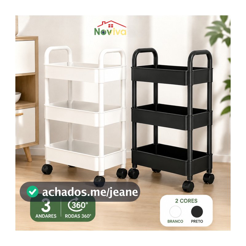 Carrinho Organizador 3 Andares com Rodas 360° | Multiuso PP Reforçado 40x30x76cm Preto ou Branco