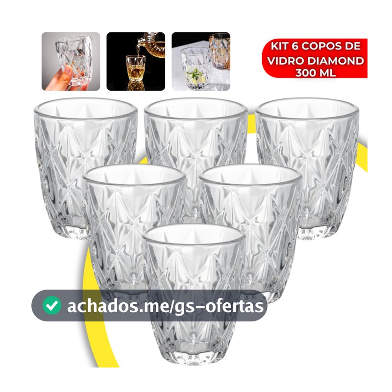 Jogo 6 Copos Diamond 300ml Vidro Grosso Diamante Luxo Transparente Resistente Moderno Elegante