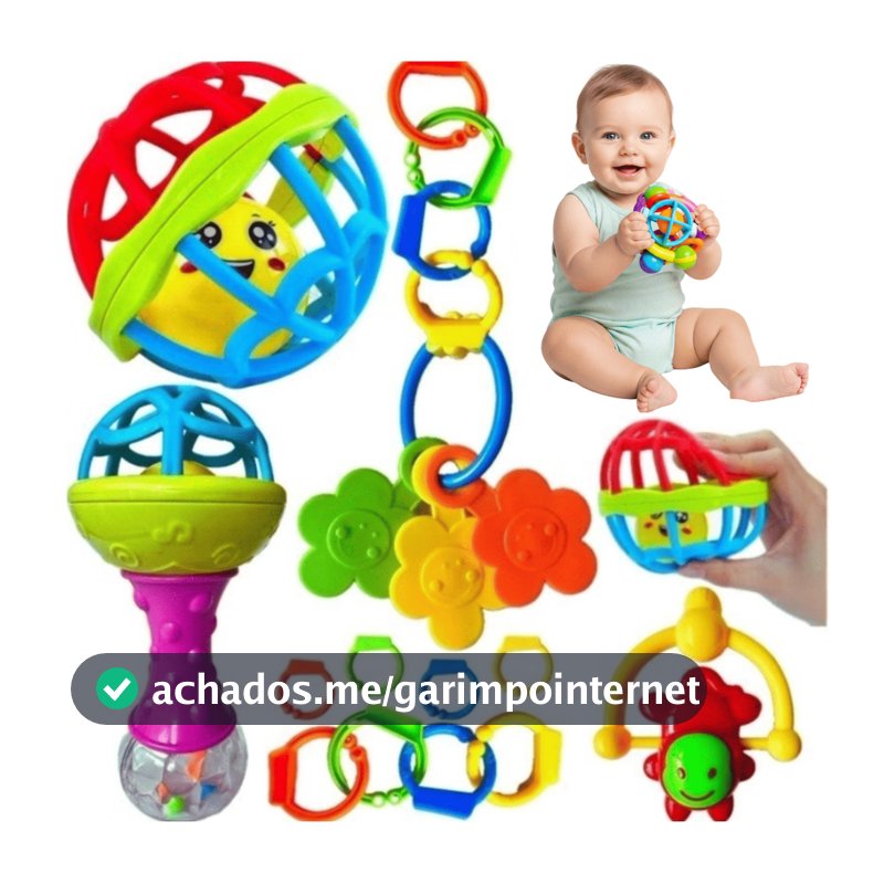 Kit Chocalho 8 Peças Mordedor Bebê Brinquedo Sensorial Macio Presente Para Menina e Menino Móbile para Berço