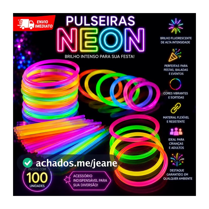 Kit com 100 Pulseiras Neon Alto Brilho Fluorescente Tubo Diversas Cores Brilha no Escuro Festas