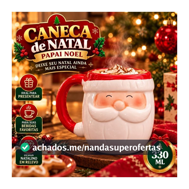 Caneca Cerâmica Natalina Papai Noel 330ml - Resistente e Decorativa com Design Festivo