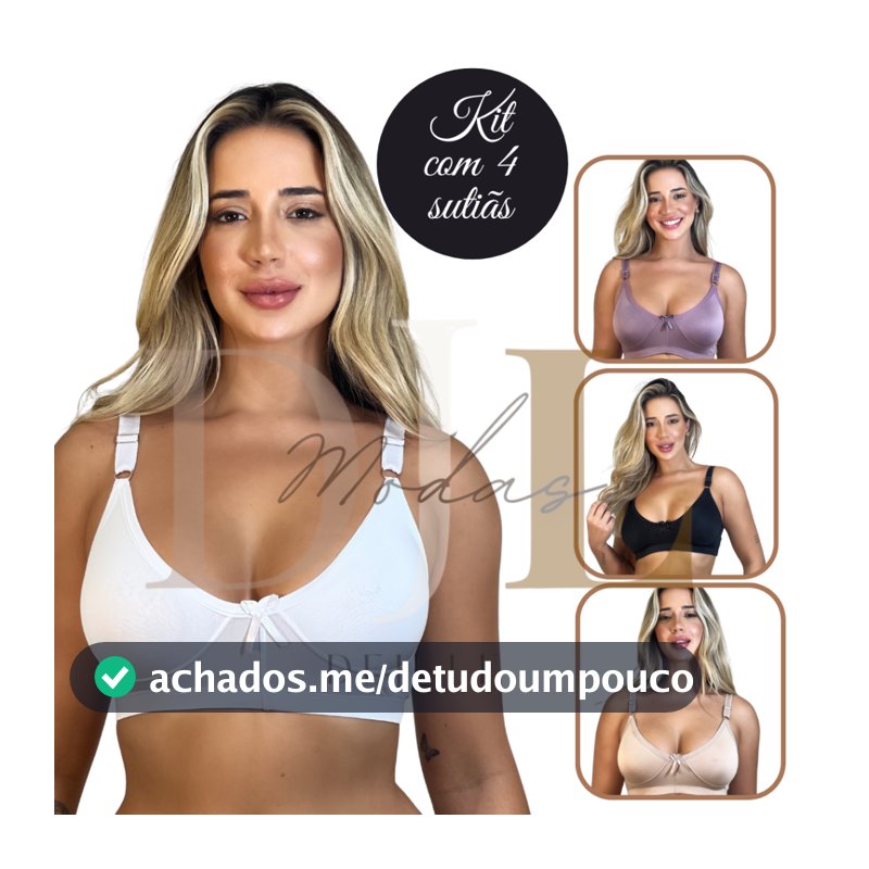 Kit 4 REFORÇADO Sutiãs Sustentação Sem Bojo Alça Larga Soutien Reforçado Microfibra Sutian Varejo