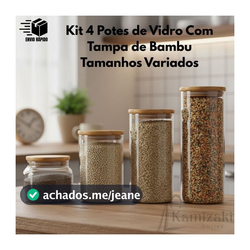Kit 4 Potes Vidro e Bambu Variados: Organize Mantimentos na Cozinha para quem busca Praticidade e Estilo em sua Casa.
