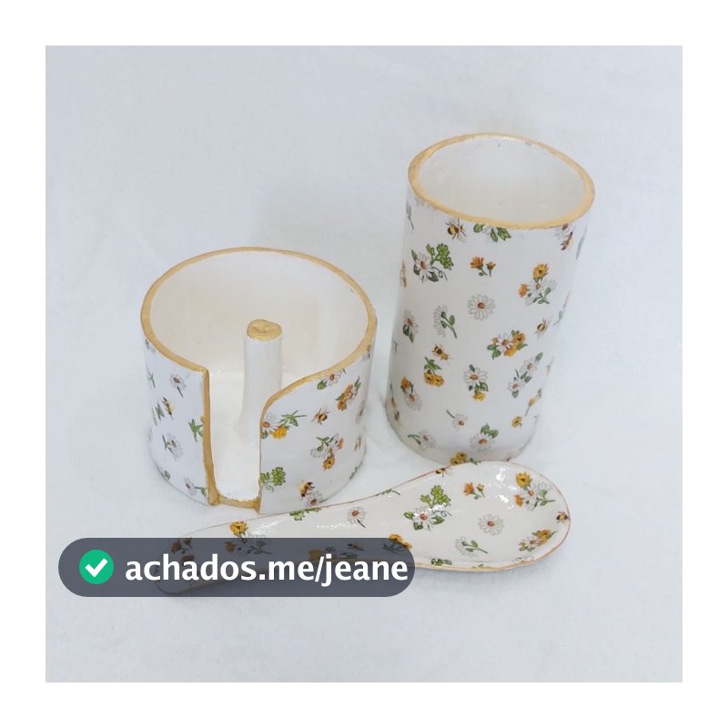 Descanso de colher + Porta papel toalha + Porta utensílios em Cerâmica Fria | Feito à Mão | Personalizável | Botija