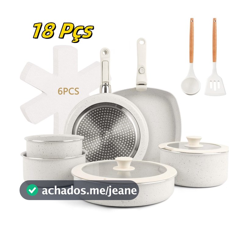Jogo de Panelas de 18 Peças com Fundo Triplo Cerâmico, para Indução e Gás, com Cabo Removível