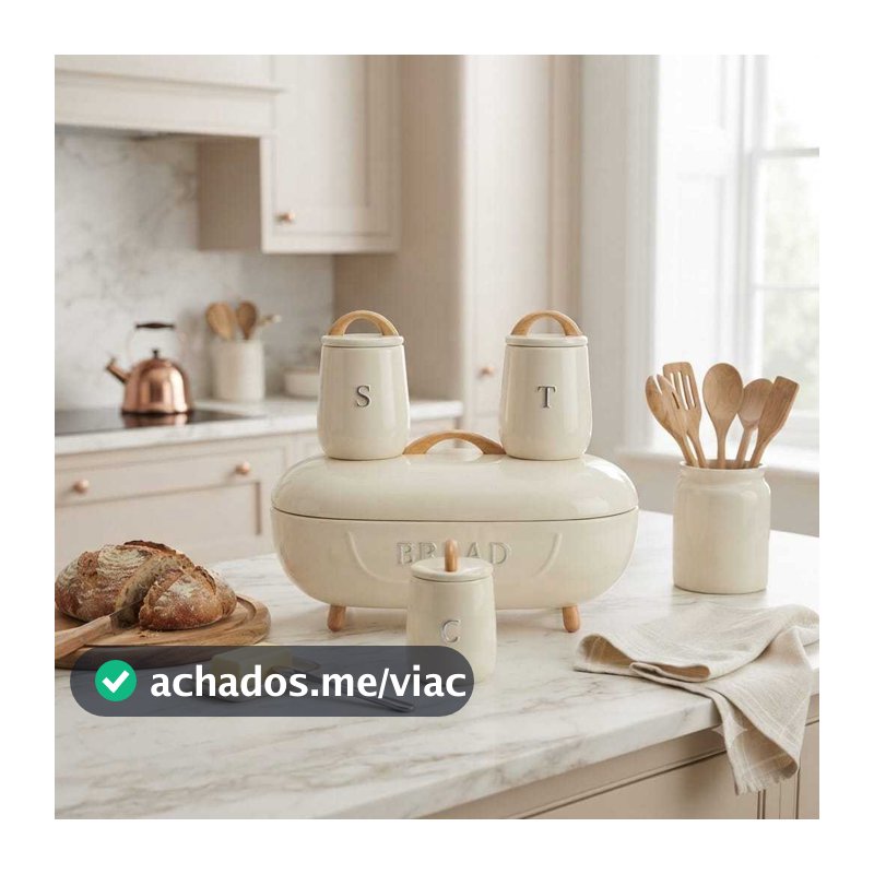 Kit Porta Pão E 3 Potes Mantimentos Café Açúcar Chá Metal Lata Organizador Cozinha Com Alça Madeira
