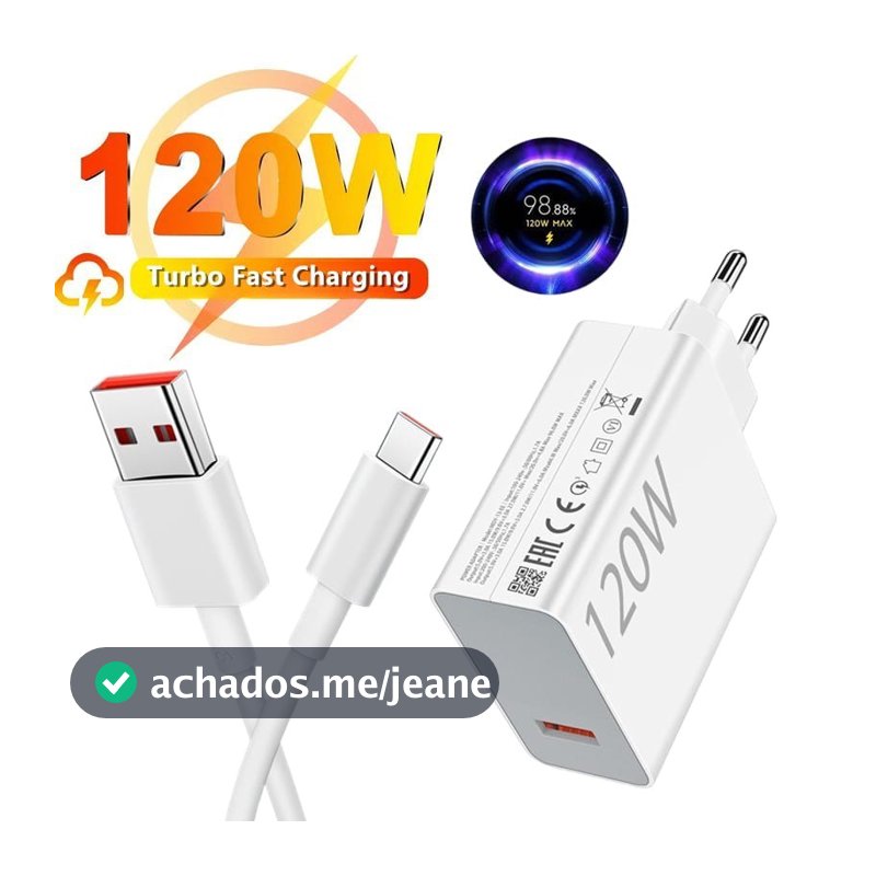 Carregador Turbo 120W Fonte e Cabo Tipo C 6A Carga Ultra Rápida Compatível Com Xiaomi