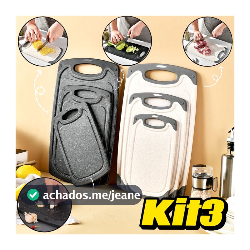 Kit 3 Tábuas de Carne e Legumes Antiderrapantes Culinária Prática para Cozinha