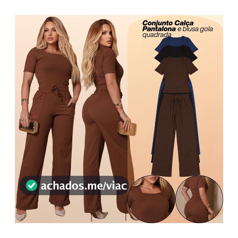 Conjunto Feminino Calça Pantalona e Blusa Gola Quadrada Inverno Frio
