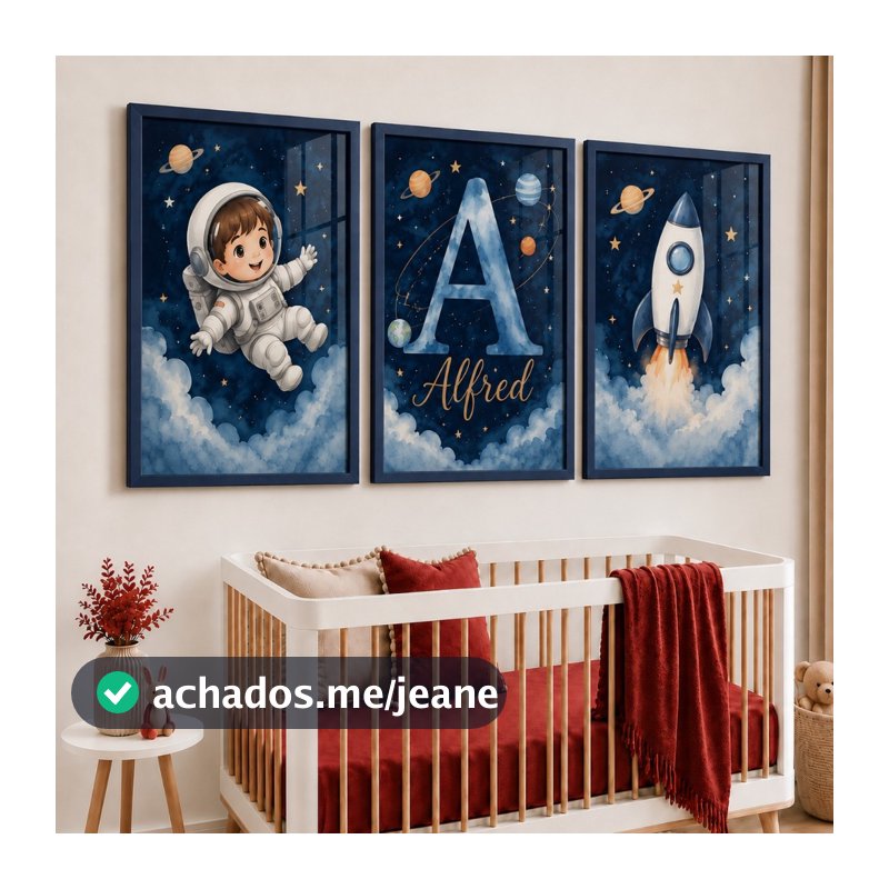 Kit 3 Quadros Decorativos Espaciais Astronauta e Foguete Personalizados com Nome e Inicial do Bebê para Quarto de Menino