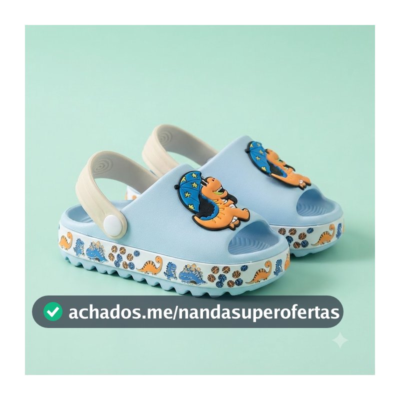Sandália Infantil Bebê Menino Dino Azul Babuche Slide Escola Dia a Dia Solado com Travas